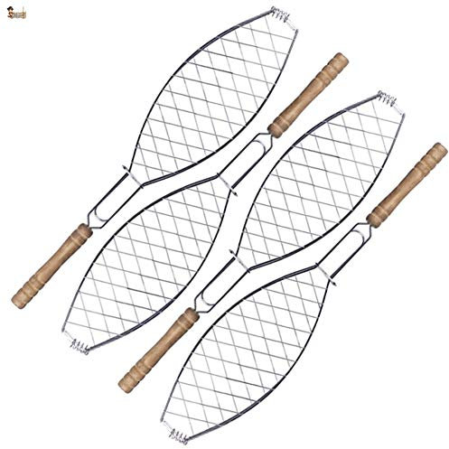Bricoloco - Set di 4 griglie per barbecue Grill in acciaio inox speciale pesce, besuguera, griglie per carbone, legna, brace e camino 55 x 12 cm, manico in legno di qualità.