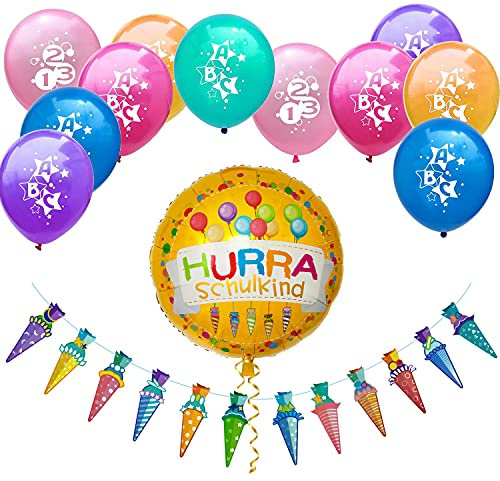 Oblique Unique® Schuleinführung Schulanfang Einschulung Deko Set - Zuckertüten Girlande + Hurra Schulkind Folien Luftballon + ABC 123 Ballons Farbmix