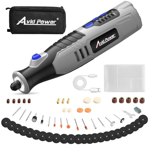 AVID POWER Wireless Rotary Tool 2.0Ah 8V Rechargeable 4 LED Lights Front 5 Speed 60 Rotary Tool Accessories with Bag for Carving, Engraving, Grinding, Polishing and