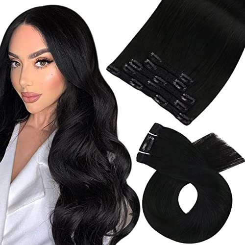 Moresoo Clip in Extensions Echthaar 25 cm Tiefschwarz Echthaar Extensions Clip 5 Stück 80g Kurzes Glattes Haar Leicht zu Tragen Voller Kopf #1