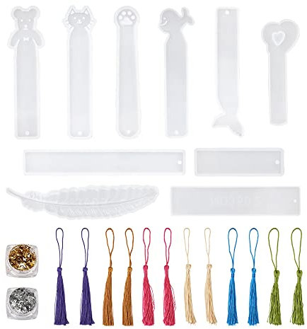 Bestewelry Lesezeichen Harz Form Kit Lesezeichen Silikonform Epoxidharz Schmuckform mit Polyester Quaste Folie Flocken für DIY Handwerk Lesezeichen machen