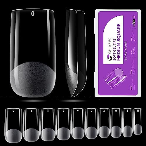 Medium Square Nail Tips for Manicure: Gelike EC Soft False Gel Nails Tip Easy and Strong - 240pcs 10 Sizes for Salon DIY Practice Art Design at Home