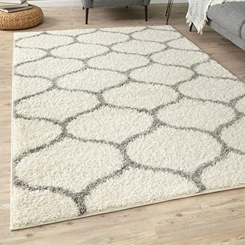 THE RUGS Shaggy Rug – Modern Moroccan Design Rugs for Living Room, Bedroom, Hallway, 3 cm Thick Area Rugs, (Trellis Ivory/Grey, 160x230cm)