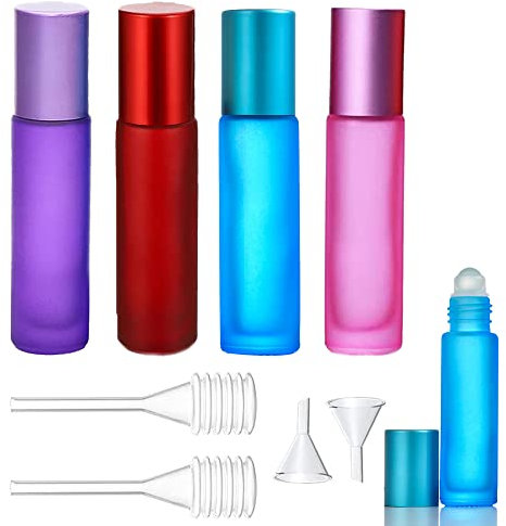 4 Stück Leer Glas Roll-on Flaschen mit Edelstahl-Roller,Für ätherische Öle, Lotionen, Parfums, 4-farbig Roller Leere Flaschen für Zuhause Reisen