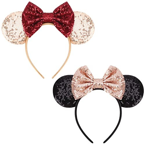 DRESHOW Oreilles de Souris Arc Bandeaux Paillettes Décoration de Fête Cosplay Costume pour Filles et Femmes, Taille unique, 2 pcs: Black + Gold