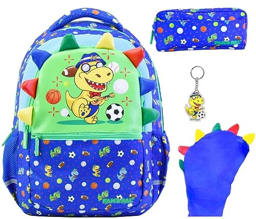 Fam and Pal I Dinosaur School Backpack for Boys I Mews Character I Sports Football School bag I Blue Primary School Bag for Kids with Rain cap, Stationery Pouch, Keychain & Name Tag I