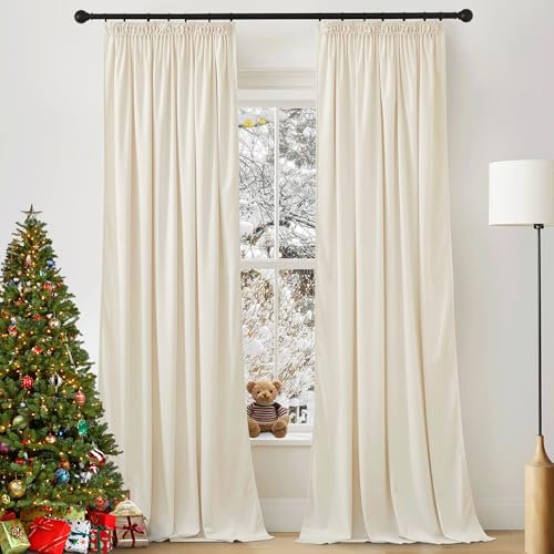 PONY DANCE Velvet Curtains for Living Room Samt Gardinen Wohnzimmer Vorhang Samt Creme 2er Set H 240 x B 132 cm (Gewicht: 300g/m²) Samtvorhang Kräuselband Weiche und Schwere Vorhänge gegen Kälte