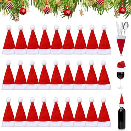 LYNBLY 30 Stück Mini Weihnachtsmütze, Weihnachtsmann Mütze Besteckhalter, Weihnachten Weinflasche Abdeckung, Weihnachten Lollipop Hut, DIY Xmas Party Tischdekoration Weihnachtsdekoration