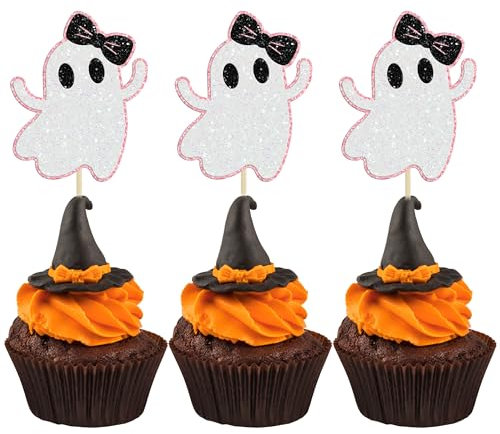 Gyufise 24 Stück Geister-Cupcake-Aufsätze, rosa Glitzer, Halloween, Geist, Babyparty, Cupcake-Topper, Geist, Essen, Cupcake-Picks für rosa Halloween, Babyparty, Geburtstagsparty, Kuchenzubehör