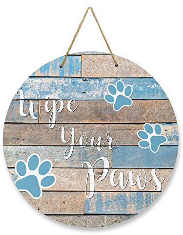 Front Door Welcome Sign Rustic Wood Wipe Your Paws Round Wooden Hanging Sign For Home Outdoor Indoor, Blue Brown Housewarming Gift For Front Porch Decor Wreath Door Signs 20x20cm