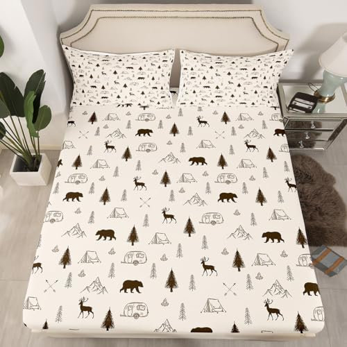 Spannbettlaken für Wohnmobil, Auto, Doppelbett, brauner Bär, Hirsch, Kiefer, Bergpaddeldruck, Bettwäsche-Set, Camping, Jagd, Abenteuer, tiefes Bettlaken für Kinder, Teenager, Erwachsene,