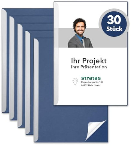 STRATAG Klemmschienen-Set (30 Stück) mit transparentem Deckel aus PP Kunststoff sowie Binderücken aus stabilem 350 g/m² Karton (Klemmmappe A4 Blau Königsblau)