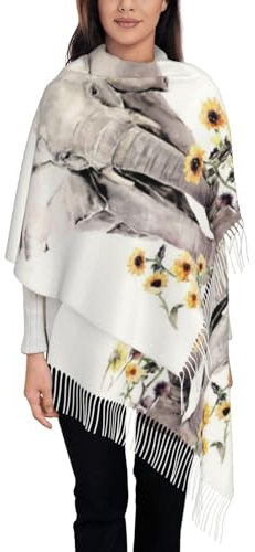 LAMAME Schal mit roten Totenköpfen und Quasten, Fransenschal, Kaschmir, Schal, Elefant und Sonnenblume, One size