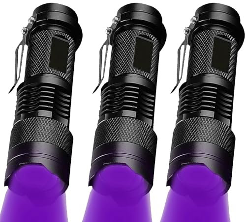 MODOAO Lot de 3 lampes de poche UV 395 nm, lampe torche UV puissante pour inspection de la maison et de l'hôtel, détecteur de lumière noire pour urine d'animaux, taches, punaises de lit et plus encore