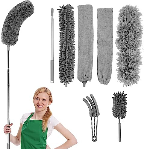 7PCS Extendable Microfiber Duster With 2.5m Bendable Head - Scratch Free, Detachable and Washable Flat Cleaner for Ceiling Fans, Under Appliances, Cars and Furniture