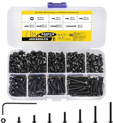 520 Pezzi M3 Viti Bulloni e Dadi Set, Viti e Bulloni e Dadi a Testa Esagonale, Kit di Vite a Brugola Nero, Set Viti e Dadi a Cilindrica con Esagono Incassato, Vite Testa Bottone Brugola