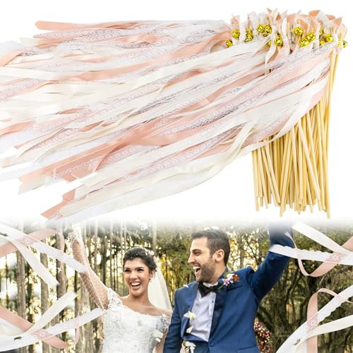 Wedding Wands Lot de 50 baguettes avec 100 grandes clochettes et 150 rubans de mariage, baguette de fée en soie, cadeaux d'invités pour fêtes, mariages, anniversaires, fêtes de vacances