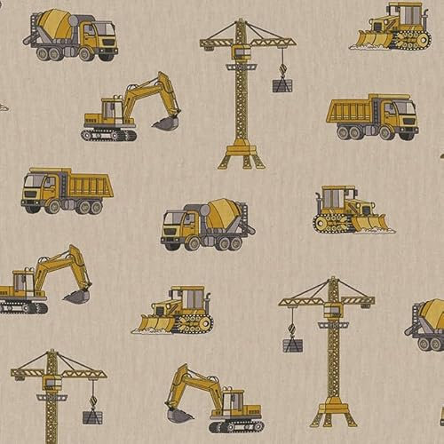 Stoff Meterware Leinenlook Halbpanama - 1 Meter - Dekostoff, Kissen, Tischwäsche, Vorhang, Taschen (Bagger Kran Baustelle Kinderstoff)