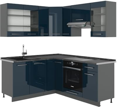 Vicco Cocina esquinera Fame-Line, Azul Oscuro Alto Brillo/Antracita, 160 x 60 cm sin encimera