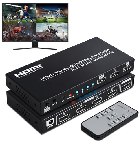 4 in 1 out KVM Switch HDMI, 4K Quad Multi Viewer 4x1 Seamless Switcher with Keyboard Hotkey, 4 Computers share 1 Monitor Keyboard Mouse with IR Remote Control