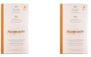 Dolfin Zartbitterschokolade mit geröstetem Sesam - Cremige Schokolade mit nussigen, knackigen Sesamsamen, tolles Geschenk für viele Anlässe - Hergestellt in Belgien, 70 g Tafel (Packung mit 2)
