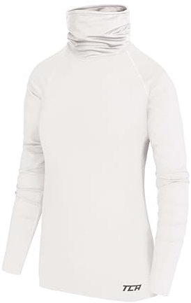 TCA Girls' Warm Up Long Sleeve Training Workout Funnel Neck Thermal Running Top with Thumbholes - White, My 8-10 Years