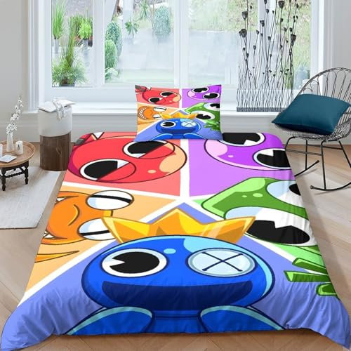 GDEKCIEAS Rainbow Friends Bettbezug Set Mädchen Junge Kinder 3D Gedruckter Spiele Bettwäschegarnitur Weich Microfaser Reissverschluss Bettwäsche Und Kissenbezüge 3 Teilig Single(135x200cm)