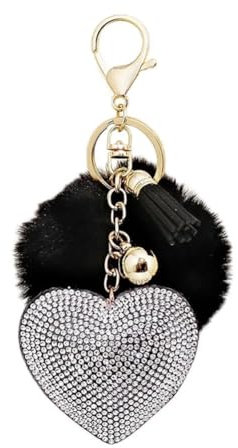 Hrlace Lot de 10 porte-clés en forme de cœur avec pompon en peluche - Paillettes - Strass - Porte-clés en forme de cœur - Accessoires pour femmes et filles - Sac à dos d'anniversaire - Noir et blanc