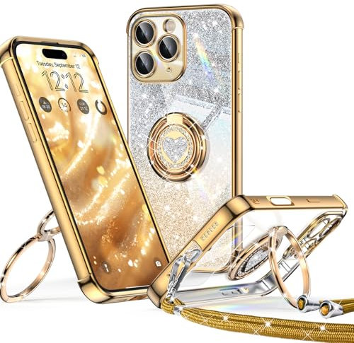 XYZ für iPhone 16 Pro Hülle mit Band, Herzen Doppelring Ständer Luxus Glitzer HandyHülle Kameraschutz, Frauen Stoßfest Elektroplattiert Soft TPU SchutzHülle Clear iPhone 16 Pro Case,Gold