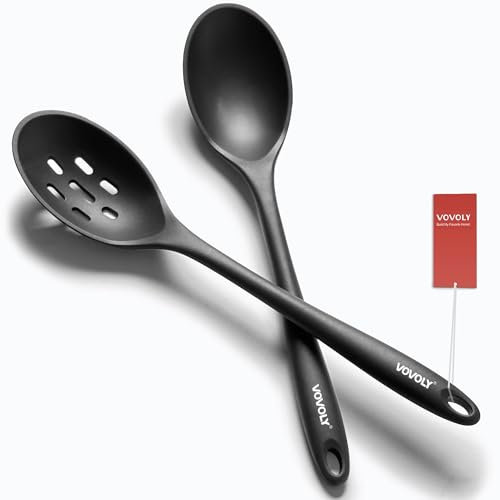 Silicone Spoons for Cooking - Large Kitchen Spoons for Mixing, Serving, & Stirring - 600°F Heat-Resistant Non Stick Utensils – Big Solid Basting Spoons - Dishwasher Safe, Black