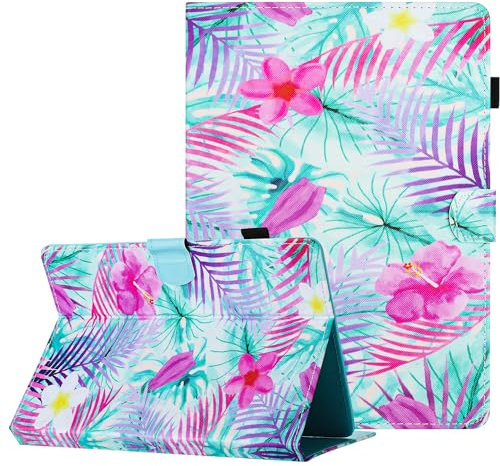 Mldjomid Universelle Coque Étui Housse pour Tablette 7 Pouces PU Cuir Cover Tablette Housse de Protection, Porte-Crayons Portefeuille Tablet Étui Universel 7 Folio Stand Case, Feuilles Fleur