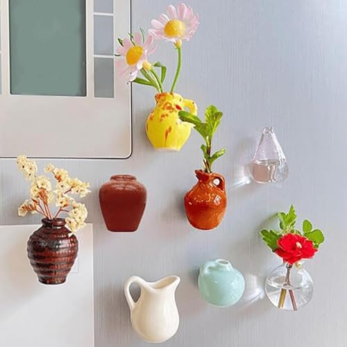 8PCS Mini Magnet Vases for Flowers - 2025 New Mini Bud Vases Magnetic Flower Pot for Fridge, Tiny 3D Ceramic Cute Plant Flower Vase Fridge Magnets for Refrigerator Decoration Kitchen Locker Office