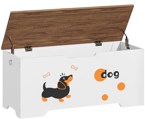 HOOBRO Truhen, Sitzbank mit Stauraum, Spielzeugkiste mit Deckel, Truhenbank mit 2 Sicherheitsscharniere Hundemotiv, 110cm, für Flur, Schlafzimmer, Wohnzimmer, Weiß und Walnussfarbe, EWH495CW01