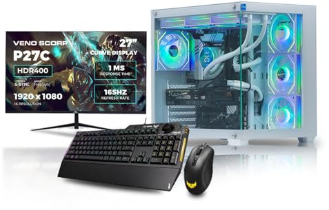 Veno Scorp Asus Gaming PC Bundle AMD Ryzen 7 5700X 3.6 GHz RTX 5060 8GB 16GB 3200MHz RAM 1TB NVME 650W 80+ PSU Windows 11 - WiFi - Nem 4 White - Liquid Cooling - 27 165HZ + TUF K1 & M3