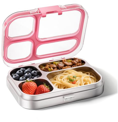 G.a HOMEFAVOR Edelstahl Brotdose Kinder 800ml Metall Bento Lunchbox mit 4 Fächern Auslaufsichere Brotbox Kindergarten Kita Schule Sandwichbox Brotzeitdose Vesperdose Brotbüchse, Spülmaschinenfest Rosa