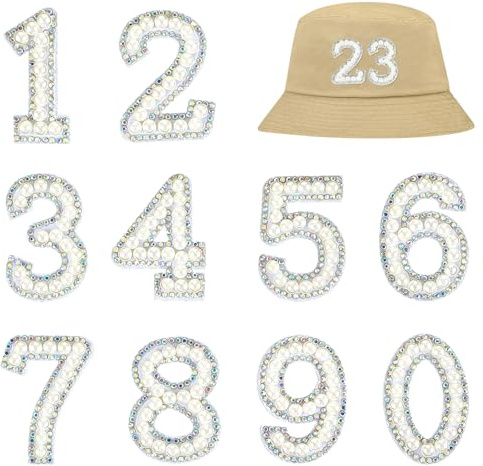 10 PCS Iron on Numbers, Practical White Number Patches with Pearl Appliques Embellishments for DIY Team Uniforms Sports T-Shirts Hats Bags Jeans Jackets Clothing Backpack (Number 0-9)