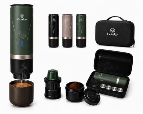 EaseUp Machine à Café Portable Rechargeable 2en1 avec étui de transport – Cafetière portable compatible Capsules Espresso & Café Moulu Pour Voyage, Camping, Voiture (Kaki foncé)