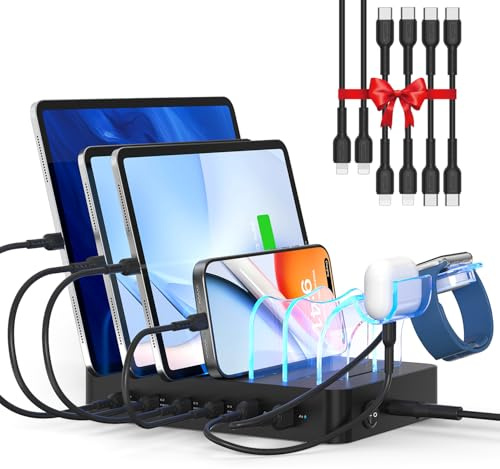 SooPii Premium 90W 6-Port USB C Ladestation für mehrere Geräte,Schwarz | 4 x PD 20W Schnellladestation mit 6 kurzen Kabeln für iPhone, iPad, Tablet und weitere elektronische Geräte