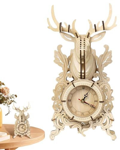 Modell-Set Puzzle-Uhr, Holzpuzzle, Bauholz mit Hirsch, 3D Per, De