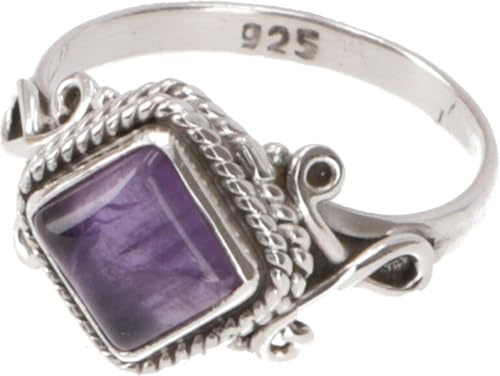 GURU SHOP Boho Silberring, Filigraner Edelsteinring mit Rechteckigem Stein - Amethyst, Size:58