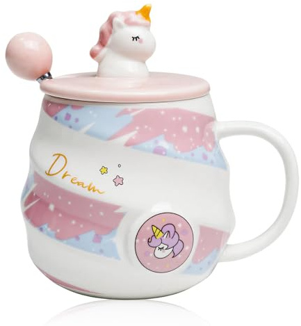 Einhorn Tasse, Keramik Kaffeetassen Einhorntasse mit Löffel und Tassendeckel, Keramikbecher 480ml, Schöne Teetasse, Einhorn Geschenke für Frauen Mädchen, Tasse Einhorn Rosa Becher