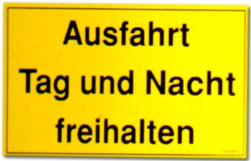 Hinweis-Schild, Ausfahrt Tag und Nacht freihalten, 250 x 150 mm, gelb schwarz, aus Kunststoff, Warnschild Warnzeichen