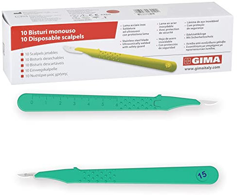 GIMA Bisturi in Acciaio Inox, Manico in ABS, Sterili e Monouso, Premium, Coprilama di Sicurezza, Misura n. 15c, 10 Bisturi Singolarmente Confezionati