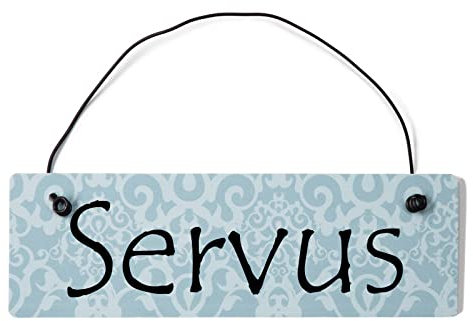 Deko Shabby Chic Schild Servus Vintage Holz Türschild in blau mit Draht