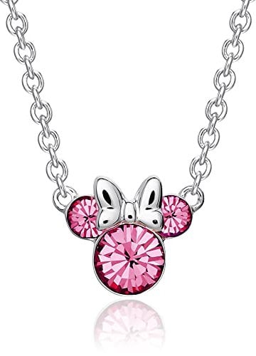 Disney Minnie Mouse Crystal Birthstone Jewelry, Birth Month Pendant Necklace, Silver Plated, Silver