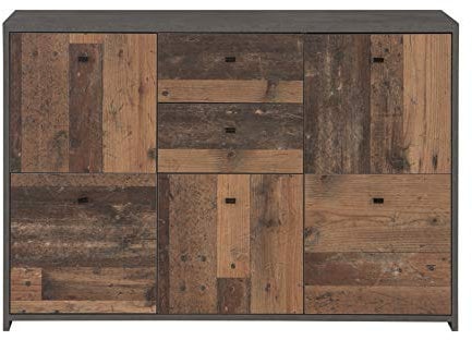 FORTE Best Chest Kommode mit 5 Türen und 2 Schubladen, Holzwerkstoff, Old-Wood Vintage kombiniert mit Betonoptik, 114,1 cm x 77,5 cm x 29,6 cm