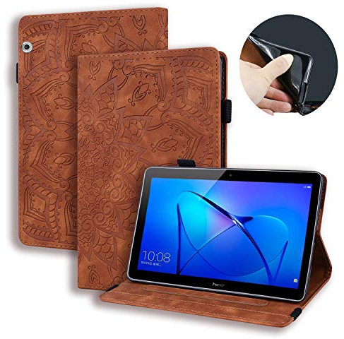 Coque Huawei Mediapad T3 10, Lspcase Etui Huawei Tablette T3 9.6 Pouces Housse en Cuir Flip Stand Portefeuille Porte-stylo et Carte Slot Case Cover pour Huawei Mediapad T3 10 9.6 Mandala Fleur Marron