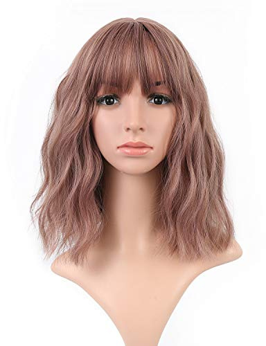 FAELBATY Short Wig With Bangs Bob Curly Wavy Synthetic Purple Cosplay Wig loose wave wig for women Costume Wigs Dark Purple Color (12'')