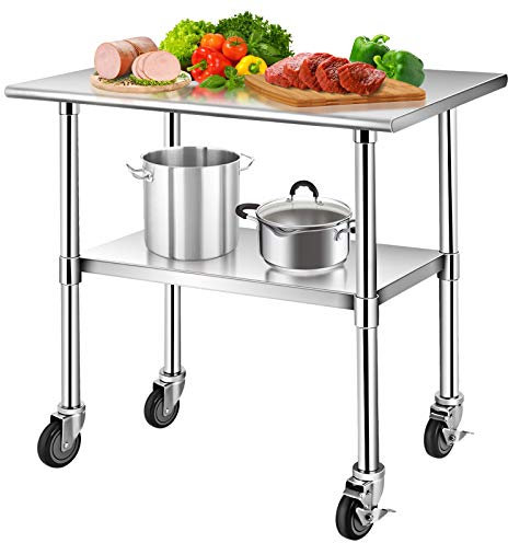 DREAMADE Mobile Edelstahl Arbeitstisch, Gastro Tisch Werkbank mit höhenverstellbarer Ablagefläche, Edelstahltisch Küchentisch mit Rollen Bremse für Küche Restaurant, bis zu 250kg belastbar