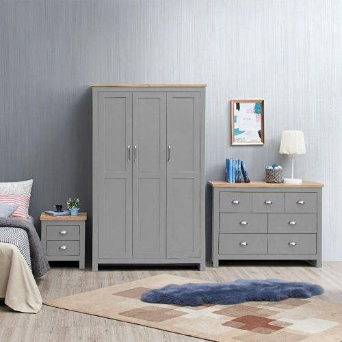 Timber Art Design UK 3 Piece Set 3 Door Wardrobe, 7 drawer Chest, 2 Draw Bedside Light Grey